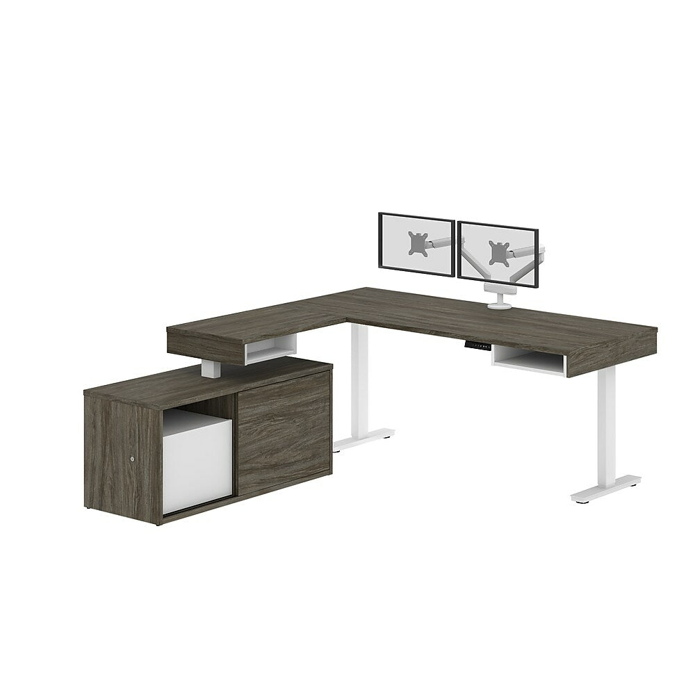 Image of Bestar Pro-Vega L-Shaped Standing Desk with Credenza and Dual Monitor Arm - Walnut Grey/White, Brown