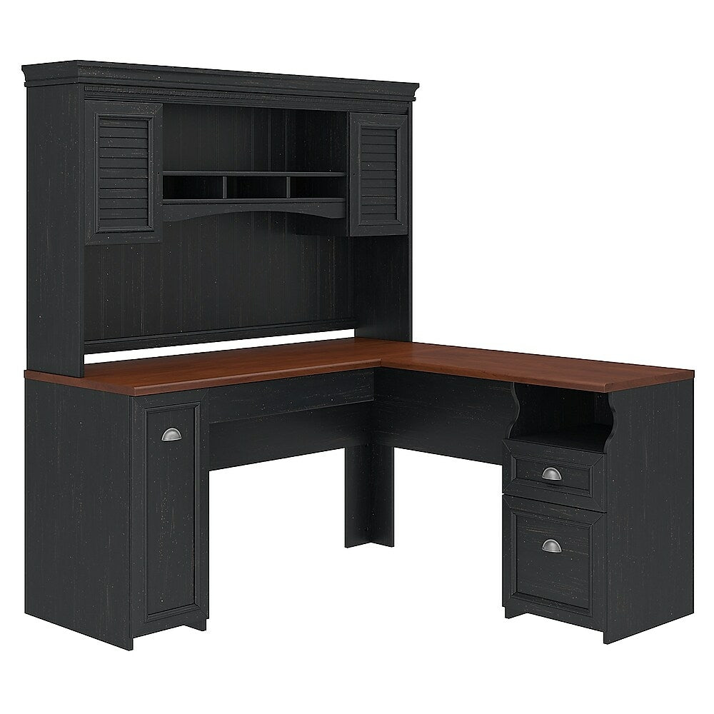 Image of Bush Furniture Fairview L Desk with Hutch, Antique Black (FV004AB)