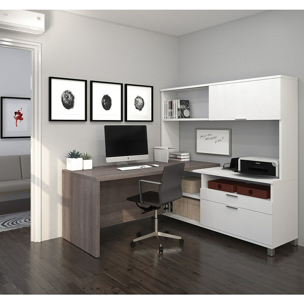 Image of Pro-Linea L-Desk with Hutch, White & Bark Grey