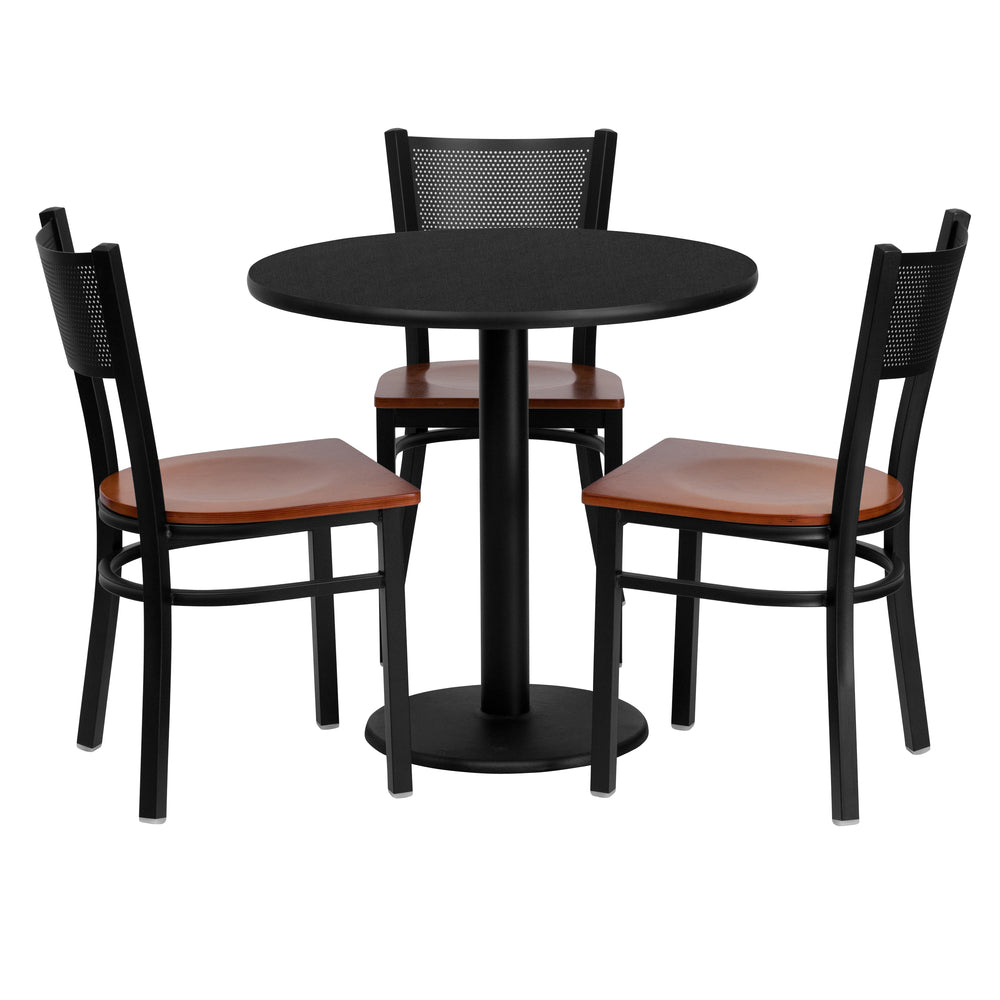 Image of Flash Furniture 30" Round Black Laminate Table Set with Round Base and 3 Grid Back Metal Chairs, Cherry Wood Seat
