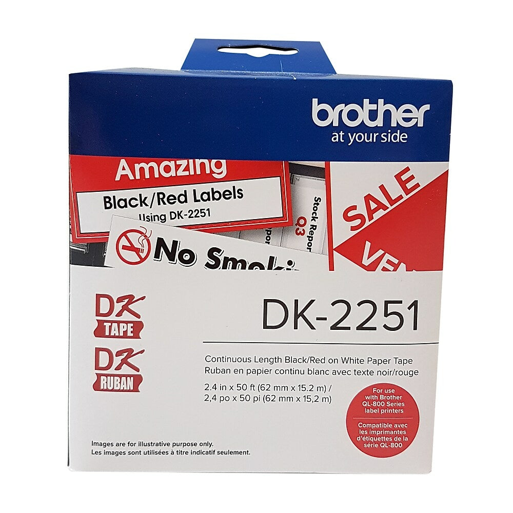 Image of Brother DK2251 Continuous Label Printer Roll, 2.4" x 50 ft, Black/Red on White