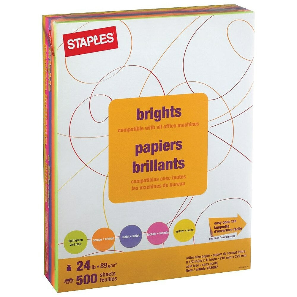 Image of Staples Brights Fluorescent Coloured Copy Paper - Letter - 8-1/2" x 11" - Assorted Colours - Ream, 500 Pack