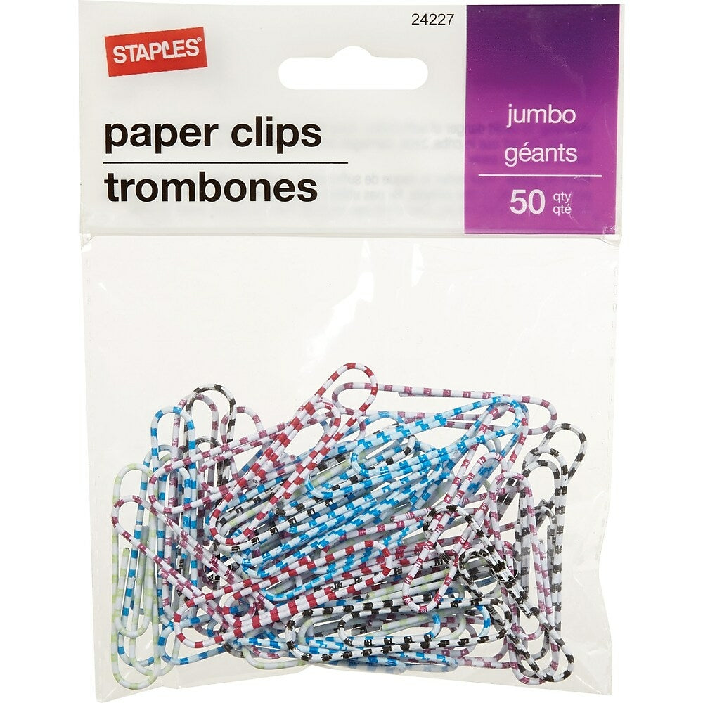 Image of Staples Jumbo Vinyl-Coated Paper Clips - Tiger-Striped - 50 Pack