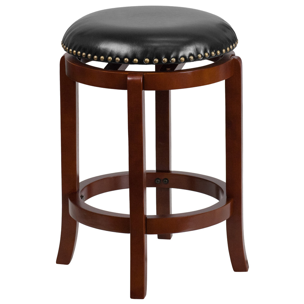 Image of Flash Furniture 24" High Backless Light Cherry Wood Counter Height Stool with Black Leather Soft Swivel Seat