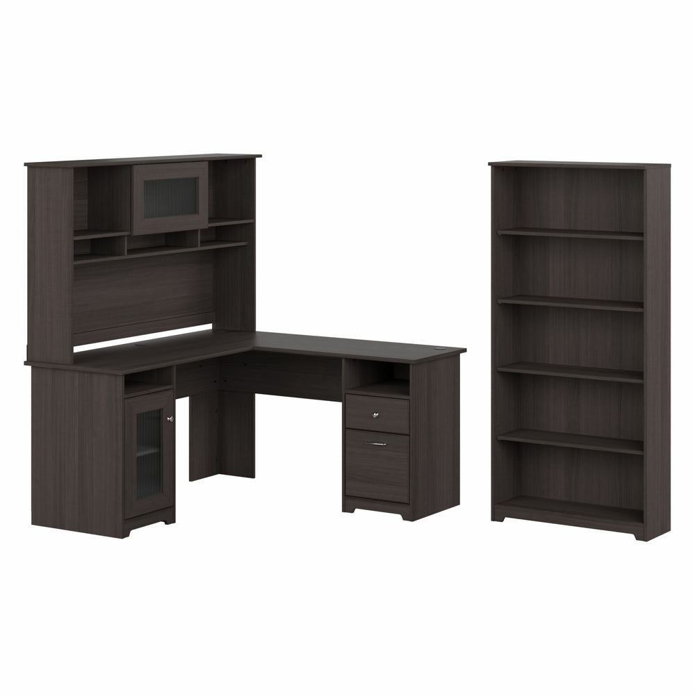 Image of Bush Furniture Cabot 60W L Shaped Computer Desk with Hutch and 5 Shelf Bookcase - Heather Gray (CAB011HRG), Grey