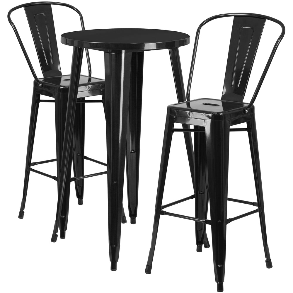 Image of 24" Round Black Metal Indoor-Outdoor Bar Table Set with 2 Cafe Barstools [CH-51080BH-2-30CAFE-BK-GG]