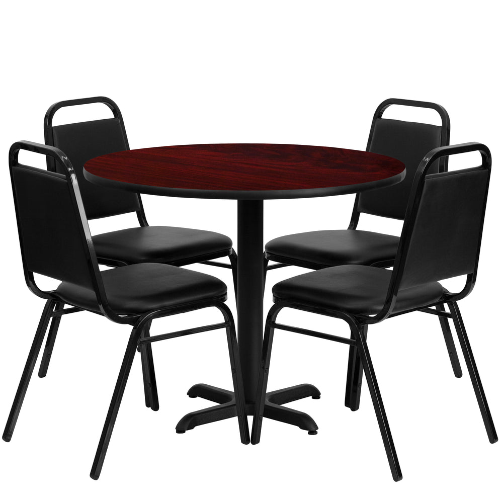Image of Flash Furniture 36" Round Mahogany Laminate Table Set with X-Base & 4 Black Trapezoidal Back Banquet Chairs
