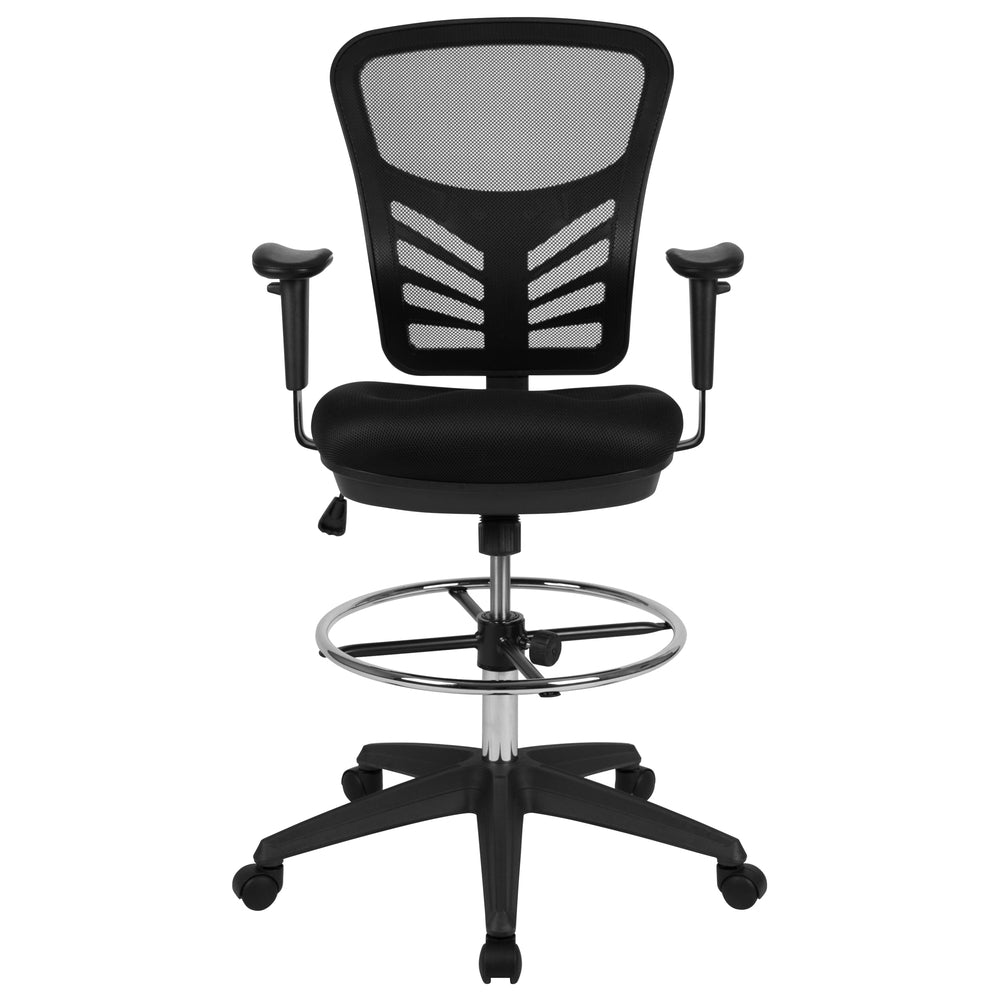 Image of Flash Furniture Mid-Back Mesh Ergonomic Drafting Chair with Adjustable Chrome Foot Ring, Adjustable Arms & Frame - Black