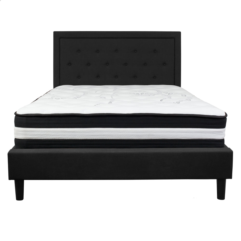 Image of Flash Furniture Roxbury Queen Size Tufted Upholstered Platform Bed with Pocket Spring Mattress - Black Fabric