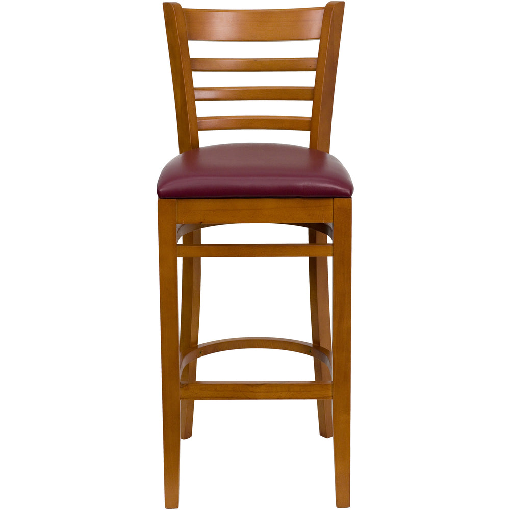 Image of Flash Furniture HERCULES Series Ladder Back Cherry Wood Restaurant Barstool - Burgundy Vinyl Seat - 2 Pack