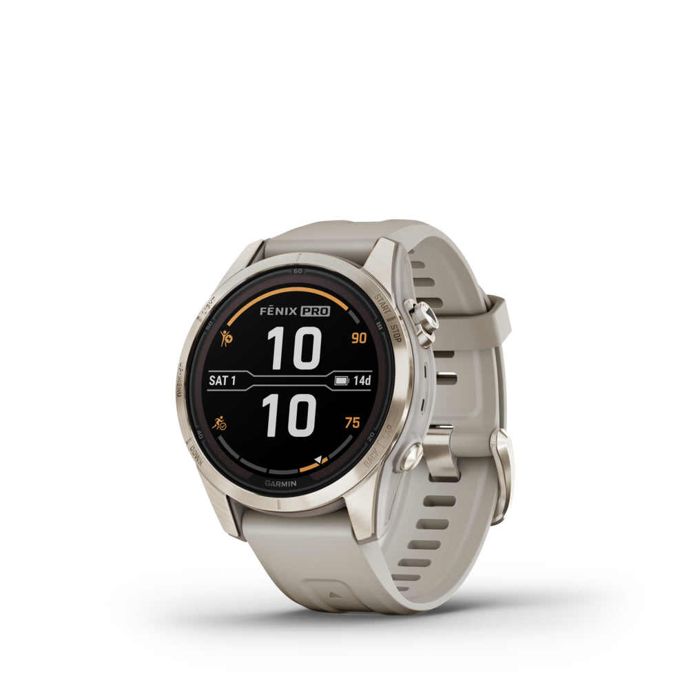 Image of Garmin fenix 7S Pro Watch - 42 mm - Sapphire Solar Edition - Soft Gold with Light Sand Band, Yellow