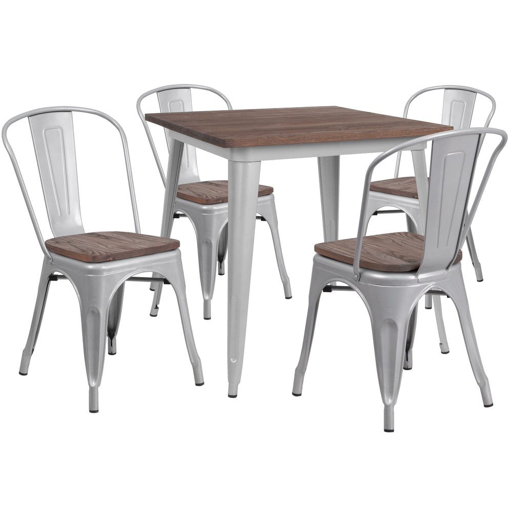 Image of Flash Furniture 31.5" Square Silver Metal Table Set with Wood Top and 4 Stack Chairs