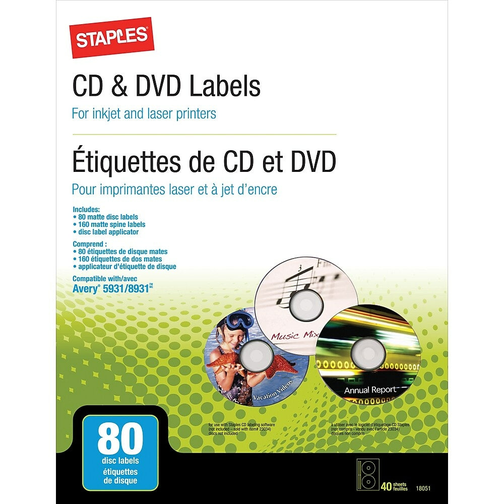 Image of Staples CD/DVD Media Labels - 80 Pack