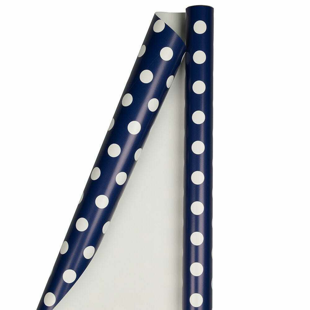 Image of JAM Paper Polka Dot Wrapping Paper - 25 Sq Ft - Dark Blue with White Dots