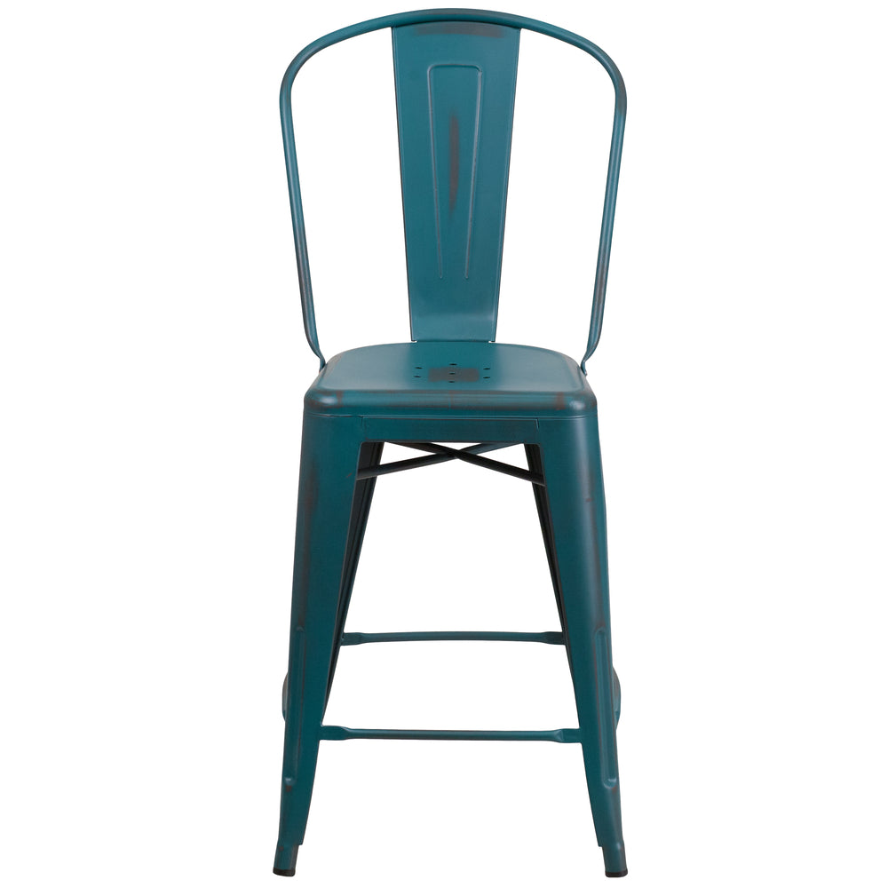 Image of Flash Furniture 24" High Distressed Kelly Blue-Teal Metal Indoor-Outdoor Counter Height Stool with Back