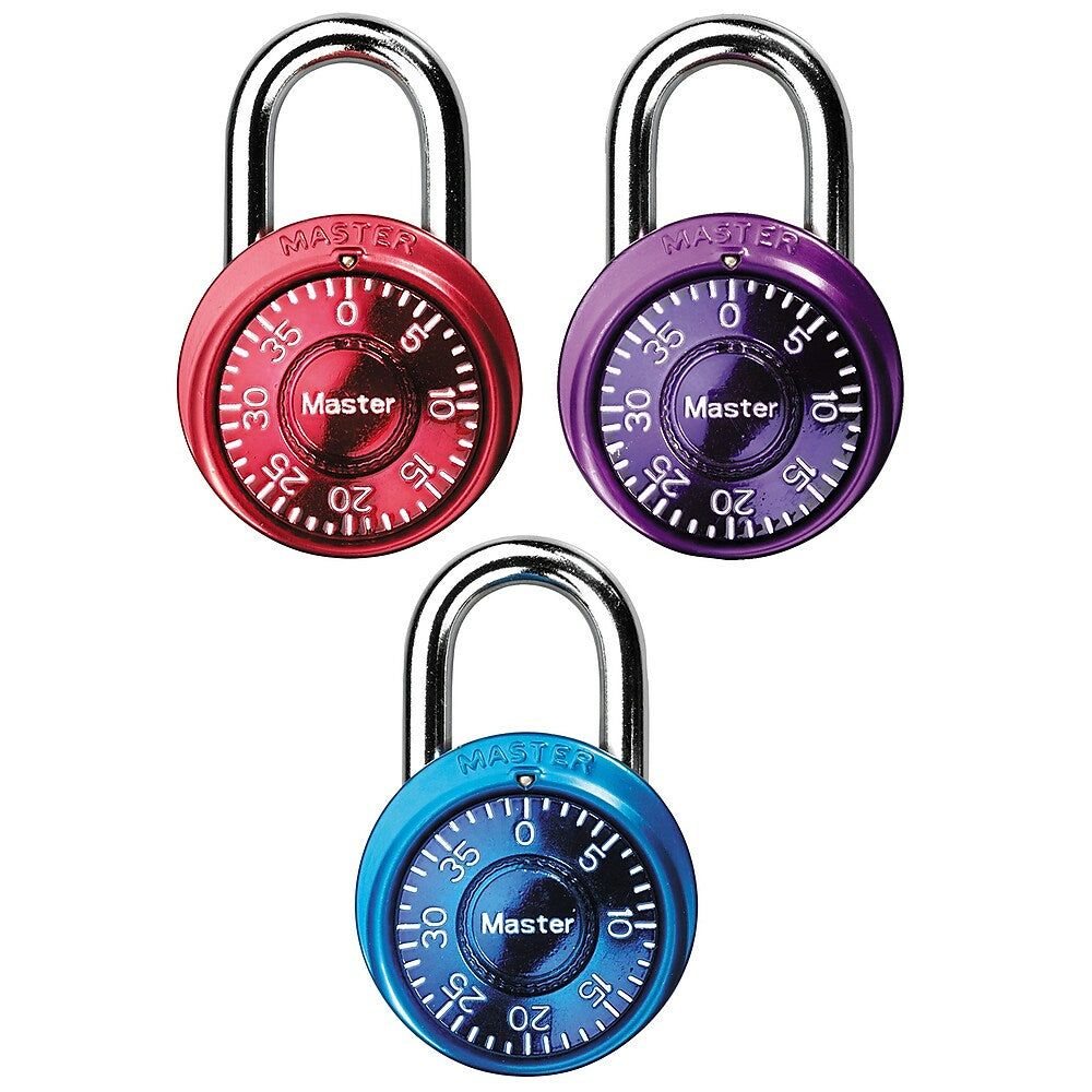 Image of Master Lock 1-9/16in (40mm) Wide Anodized Combination Dial Padlock with 17mm Shackle - Assorted Colors - 3 Pack