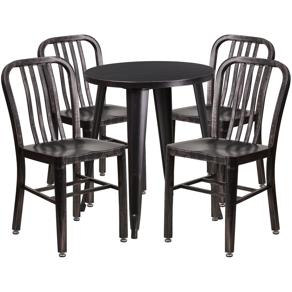 Image of 24" Round Black-Antique Gold Metal Indoor-Outdoor Table Set with 4 Vertical Slat Back Chairs [CH-51080TH-4-18VRT-BQ-GG]