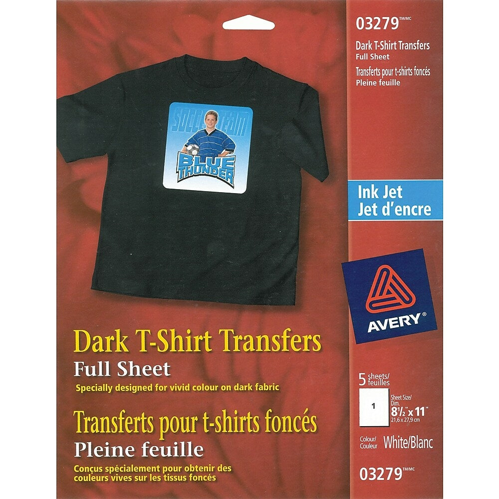 Image of Avery Dark T-Shirt Transfers, Inkjet, 8-1/2" x 11", 5 Pack (03279)