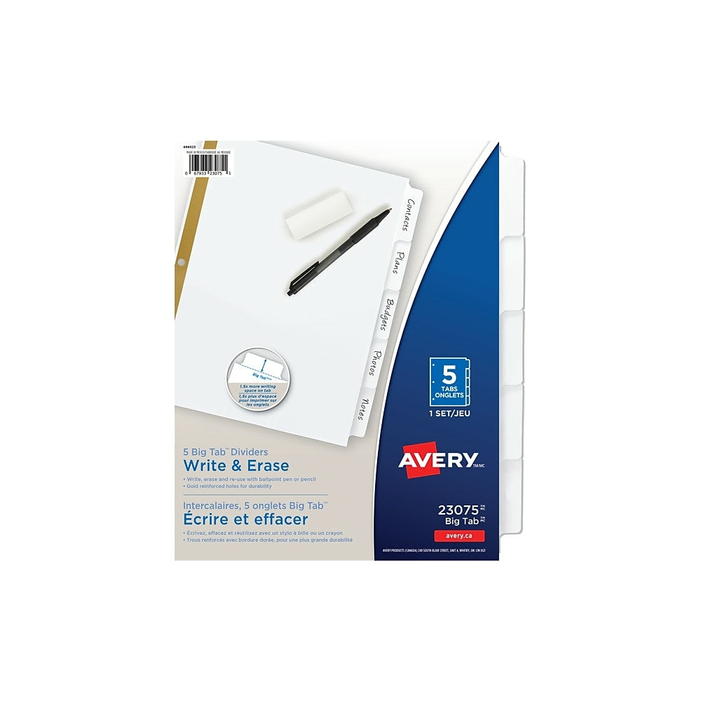 Image of Avery Write-On Big Tab Dividers - 5 Tabs - White