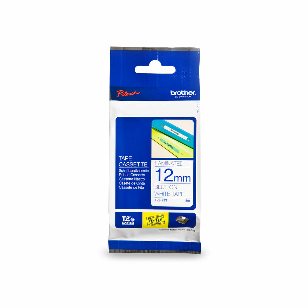 Image of Brother Laminated Tape for P-touch Label Maker - 12 mm - Blue Print on White Label