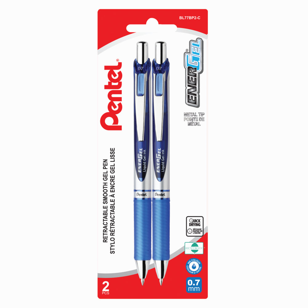 Image of Pentel EnerGel Liquid Gel Pens, Retractable, 0.7mm, Blue, 2 Pack