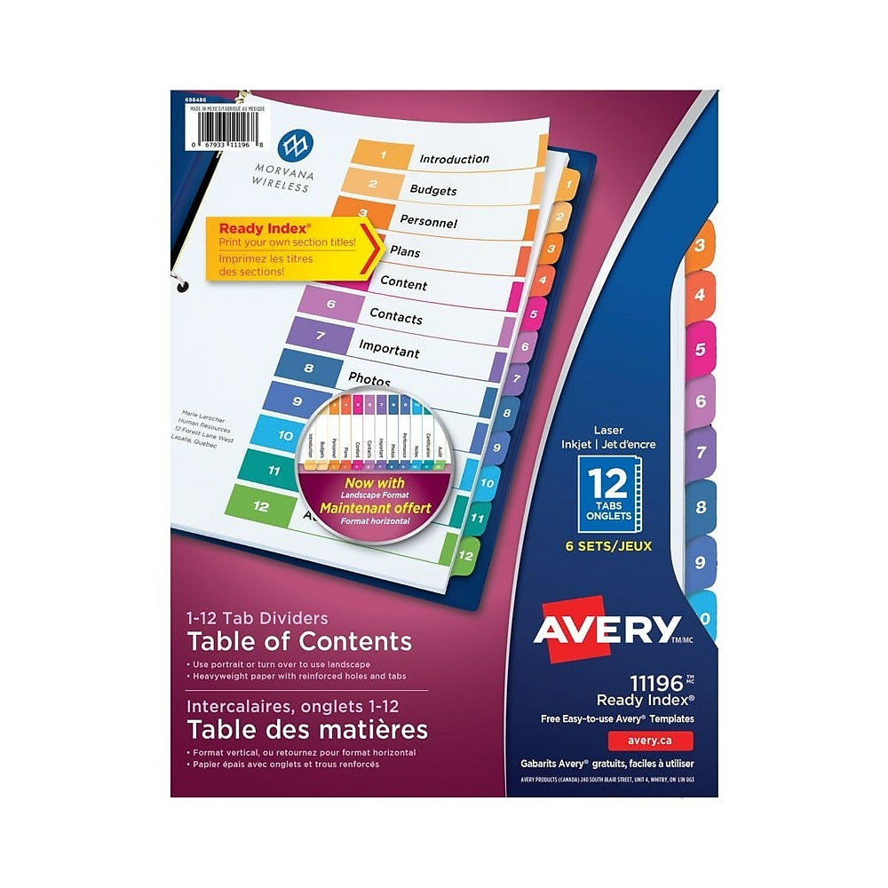 Image of Avery Ready Index Table of Content Dividers for Laser and Inkjet Printers, 12 Tabs, 6 sets, Multi-colour, (11196), 6 Pack