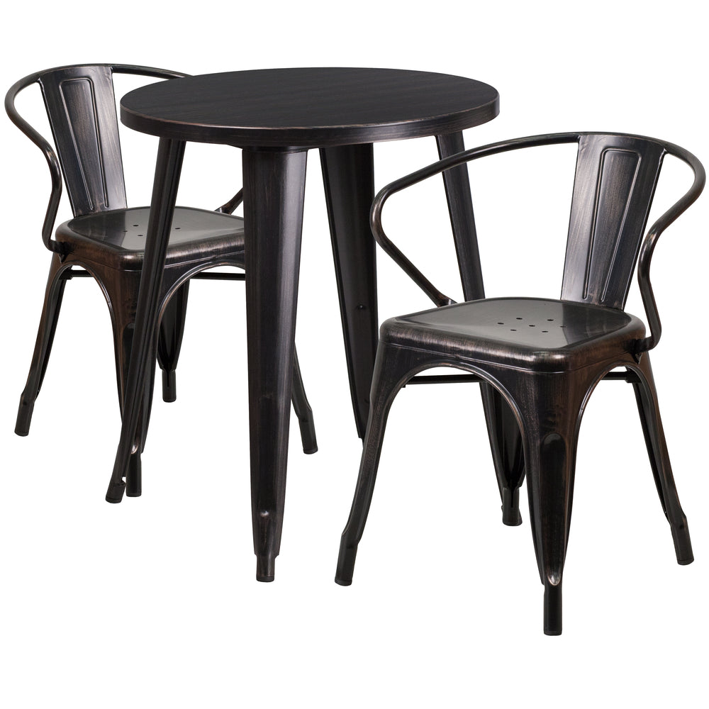 Image of 24" Round Black-Antique Gold Metal Indoor-Outdoor Table Set with 2 Arm Chairs (CH-51080TH-2-18ARM-BQ-GG)