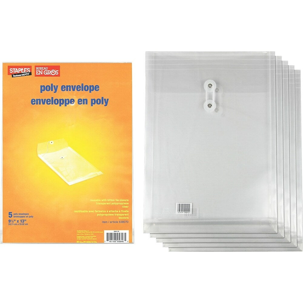 Image of Staples Poly Envelopes with Button-Tie Closure - 9-1/4, 5 Pack