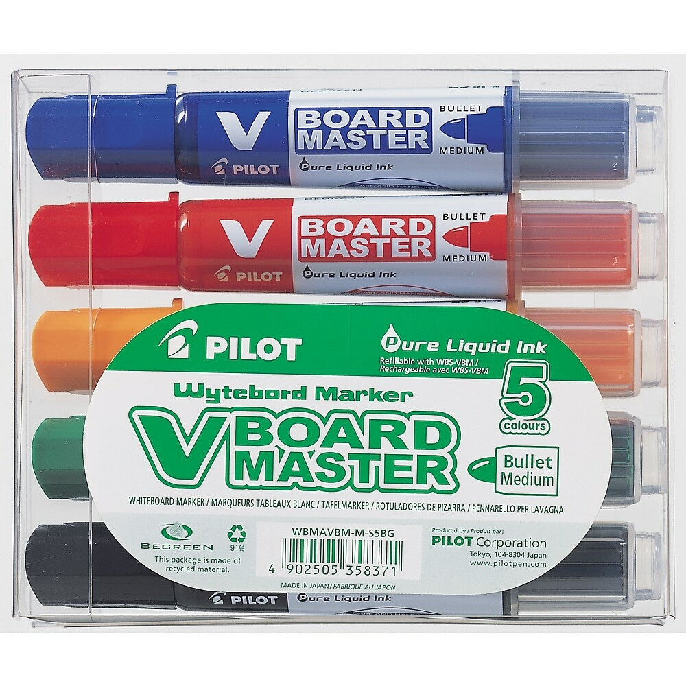 Image of Pilot BeGreen V-Board Master Whiteboard Markers, Bullet Tip, Refillable, Assorted Colours, 5 Pack (BG-WBMAVBM-S5)