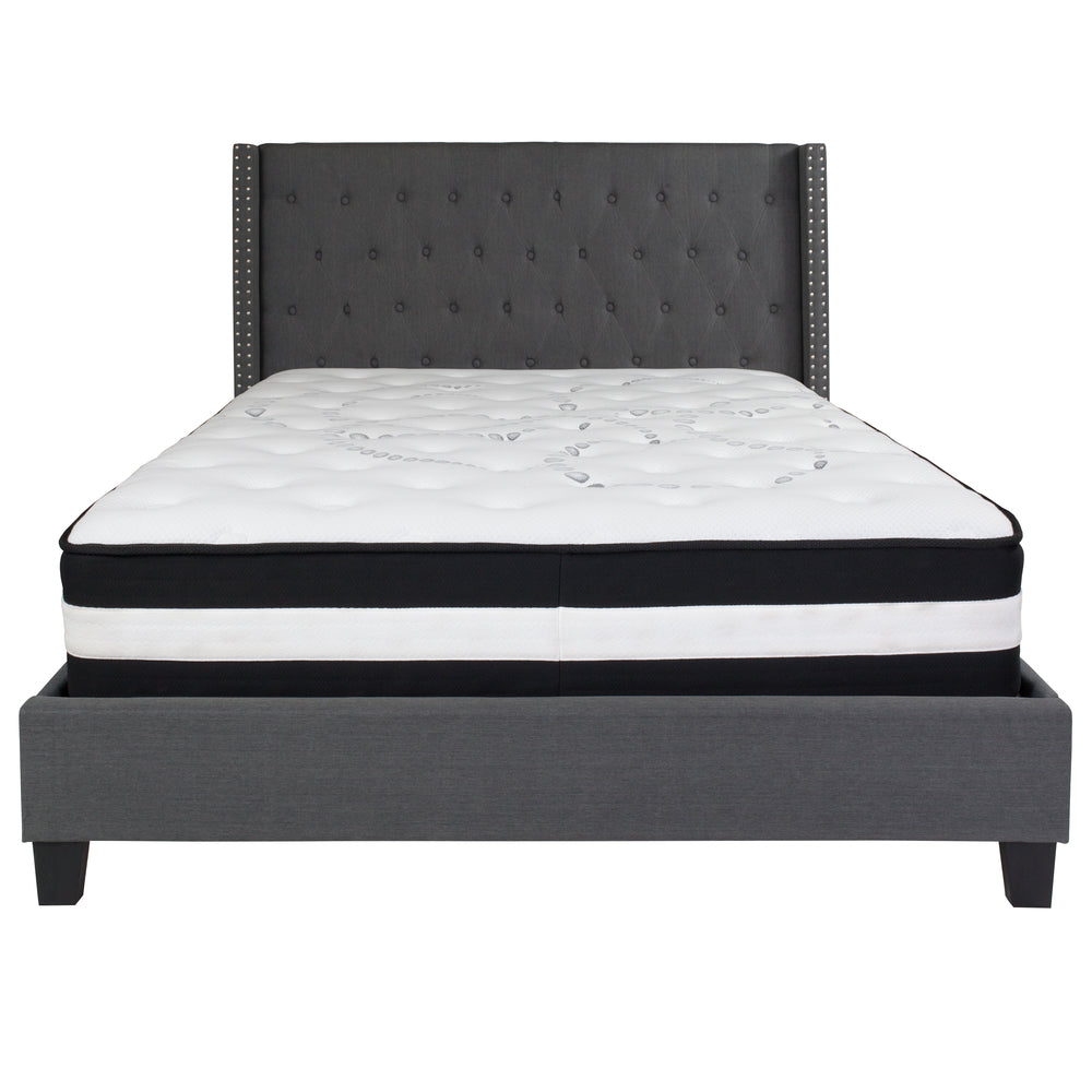 Image of Flash Furniture Riverdale Queen Size Tufted Upholstered Platform Bed with Pocket Spring Mattress - Dark Grey Fabric