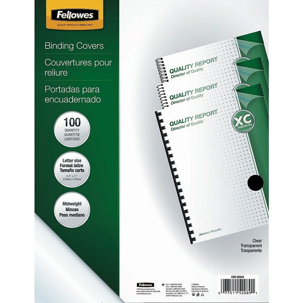 Image of Fellowes Crystals Clear Binding Covers Letter Size - 8-1/2" x 11" - 100 Pack