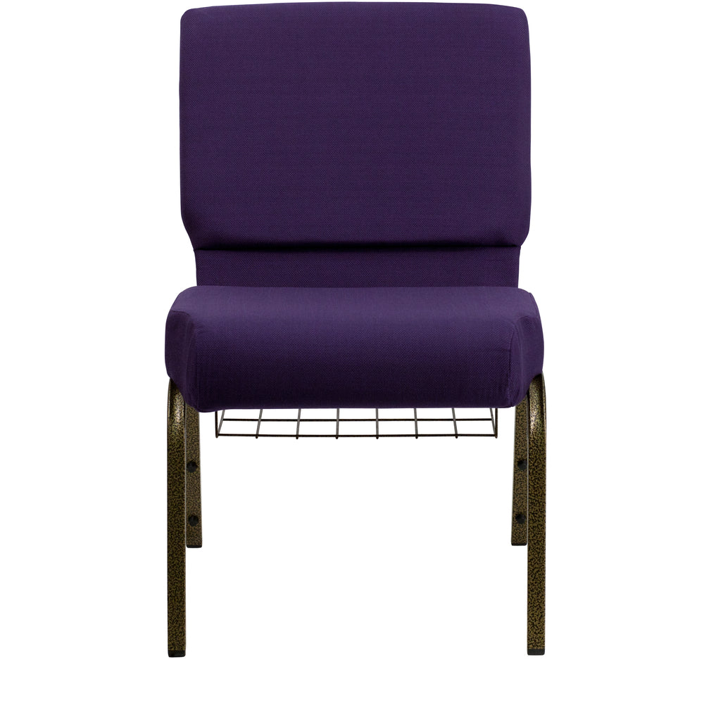 Image of Flash Furniture HERCULES Series 21"W Church Chair in Royal Purple Fabric with Cup Book Rack with Gold Vein Frame
