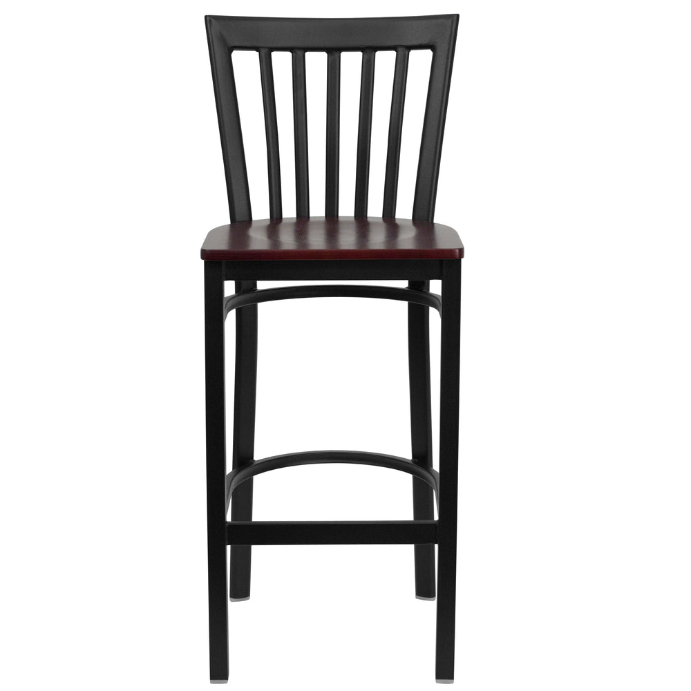 Image of Flash Furniture HERCULES Series Black School House Back Metal Restaurant Barstool - Mahogany Wood Seat