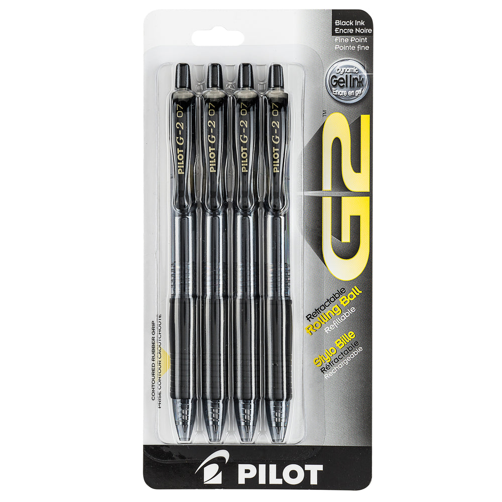 Image of Pilot G2 Gel Pens, Retractable, 0.7mm, Black, 4 Pack