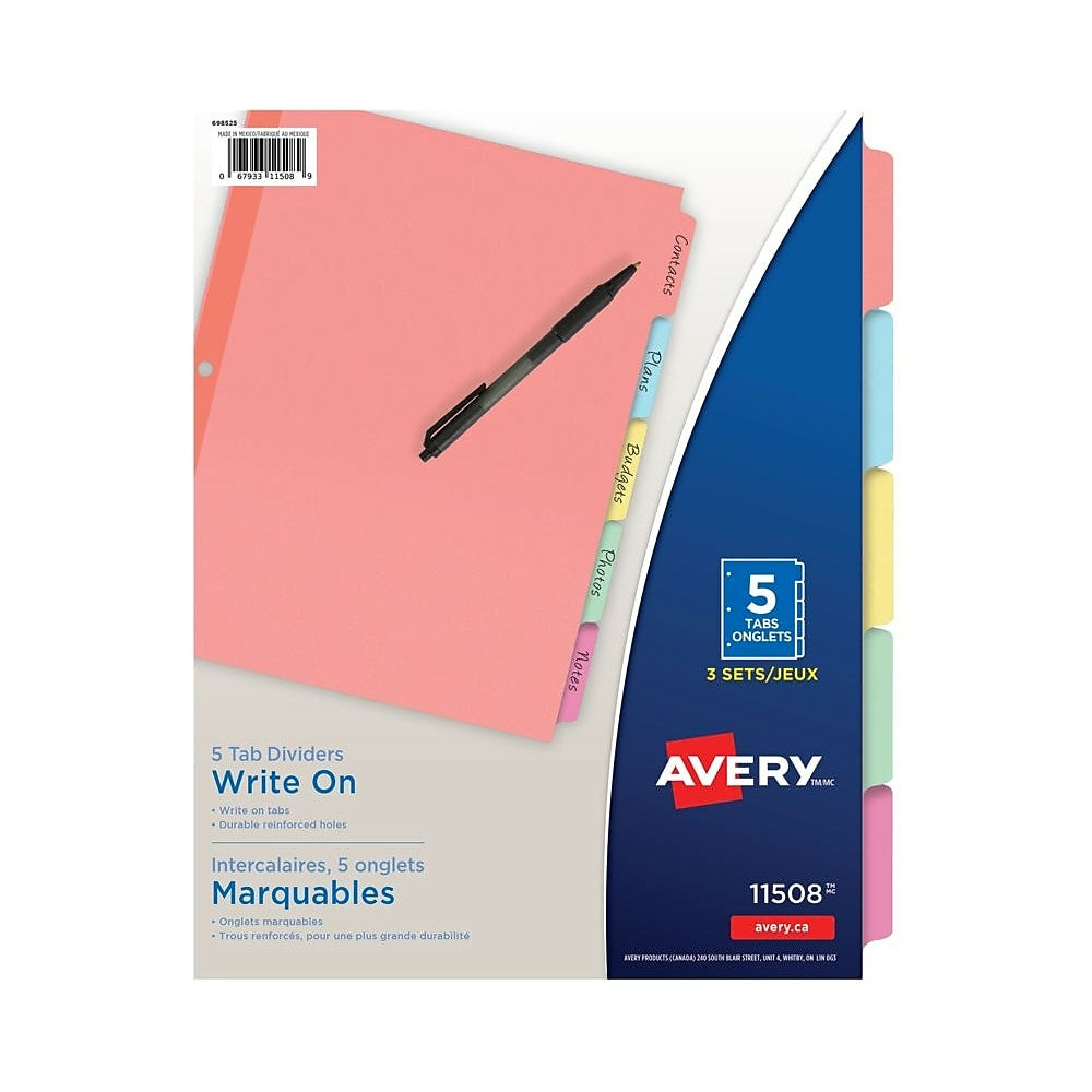 Image of Avery Plain Tab Write On Dividers, 5 Tabs, 3 sets, Multi-colour (11508), 3 Pack