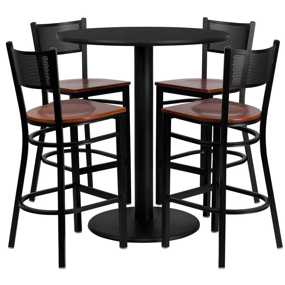 Image of Flash Furniture 36" Round Black Laminate Table Set with Round Base and 4 Grid Back Metal Bar Stools, Cherry Wood Seat