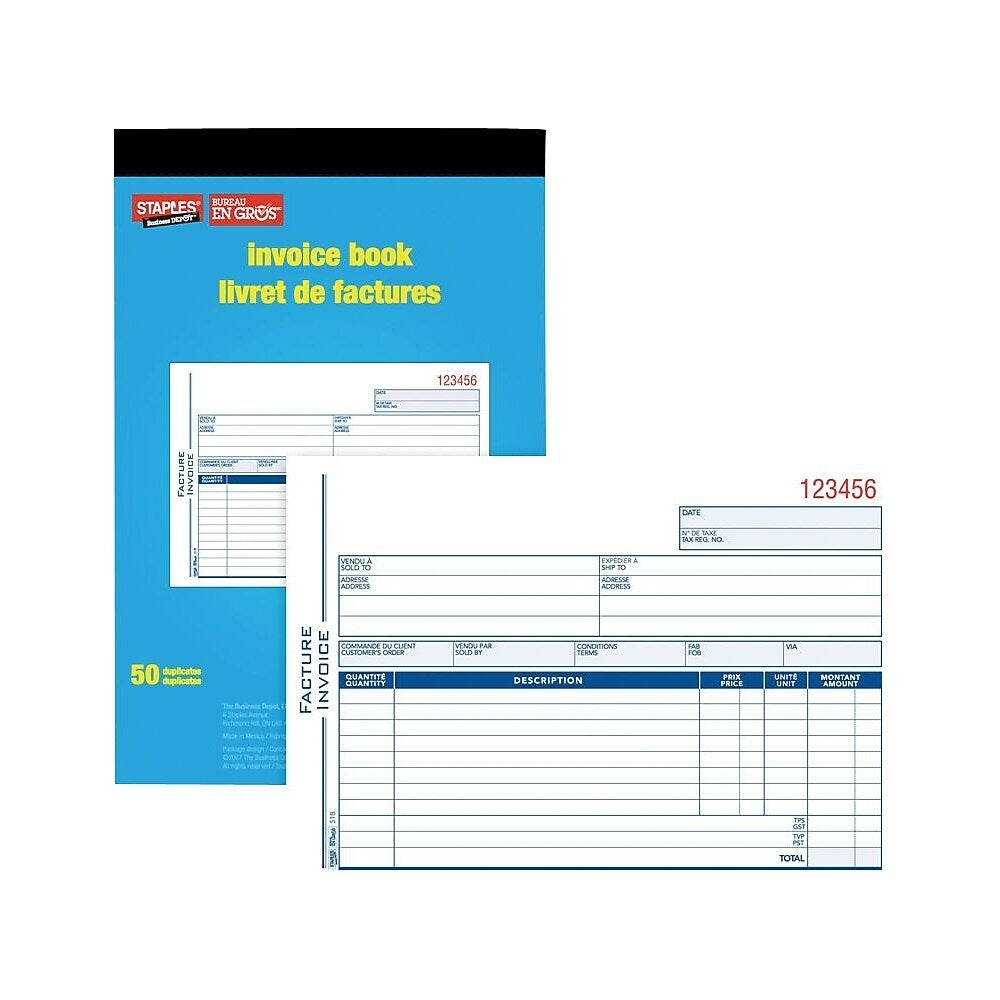 Image of Staples Bilingual Invoice Book - 50 Duplicates - Carbonless - Staple Bound - 6" x 8"