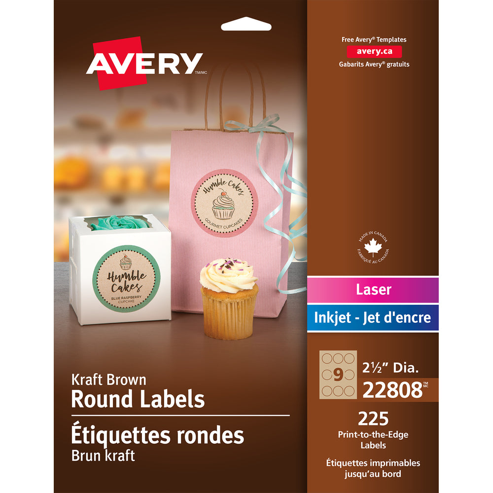 Image of Avery Kraft Brown Laser/Inkjet Permanent Print-to-the-Edge Round Labels, 2-1/2", 225 Pack (22808)