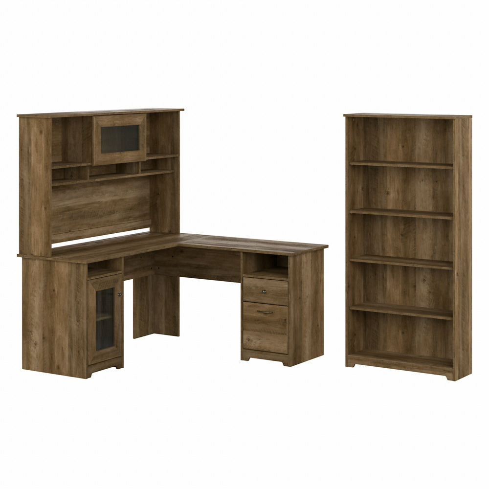 Image of Bush Furniture Cabot 60"W L-Shaped Computer Desk with Hutch and 5 Shelf Bookcase - Reclaimed Pine, Brown