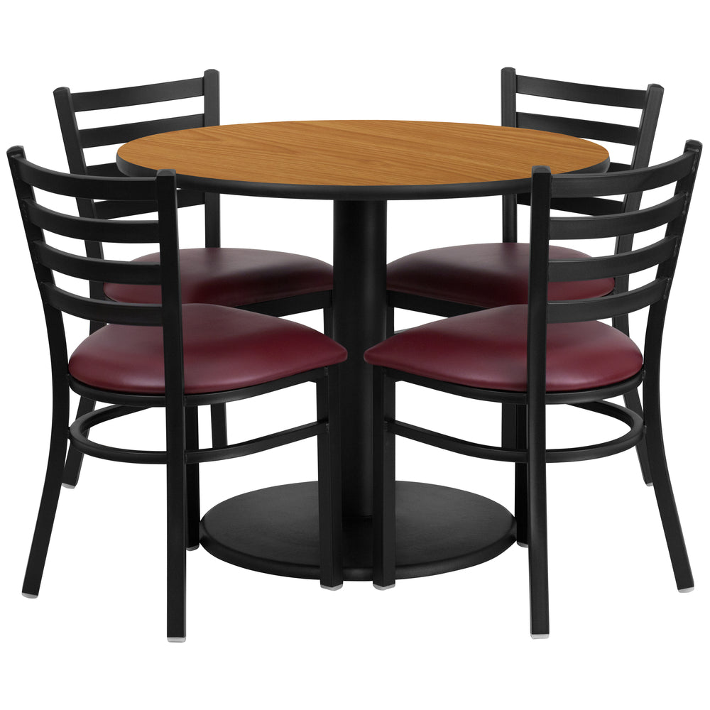 Image of Flash Furniture 36" Round Natural Laminate Table Set with Round Base & 4 Ladder Back Metal Chairs - Burgundy Vinyl Seat