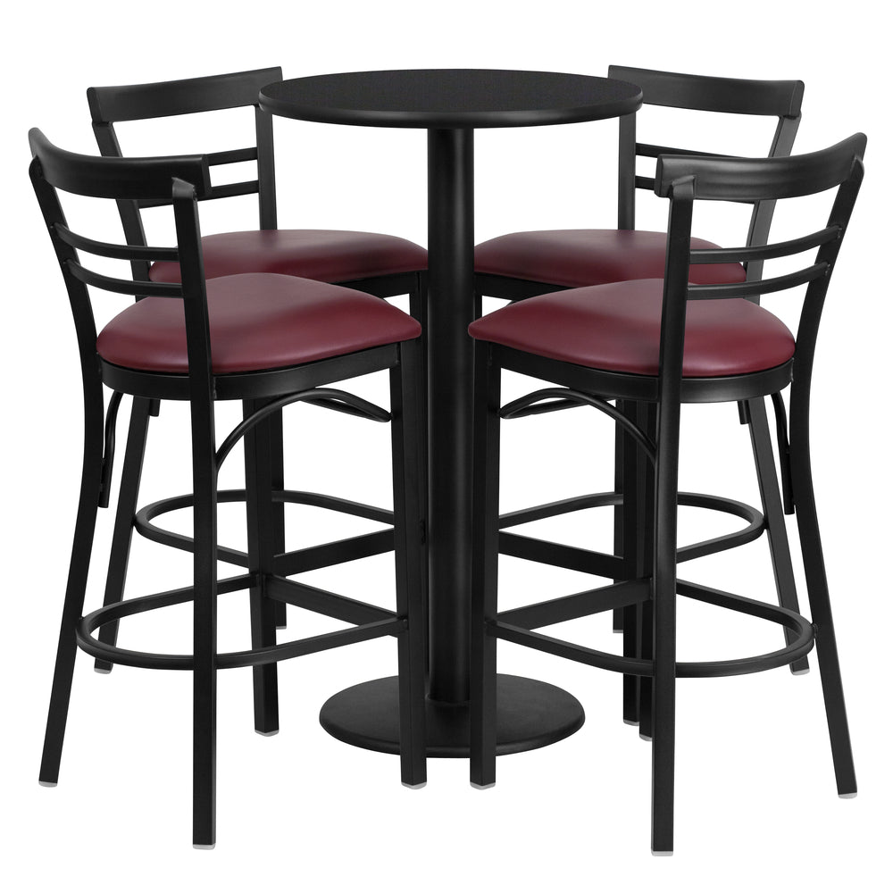 Image of Flash Furniture 24" Round Black Laminate Table Set with Round Base and 4 Ladder Back Metal Bar Stools, Burgundy Vinyl Seat