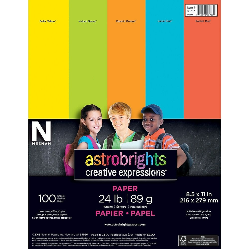 Image of Neenah Astrobright Creative Expressions Paper, 8-1/2" x 11", 24 lb, Assorted Colours, 100 Sheets, 100 Pack