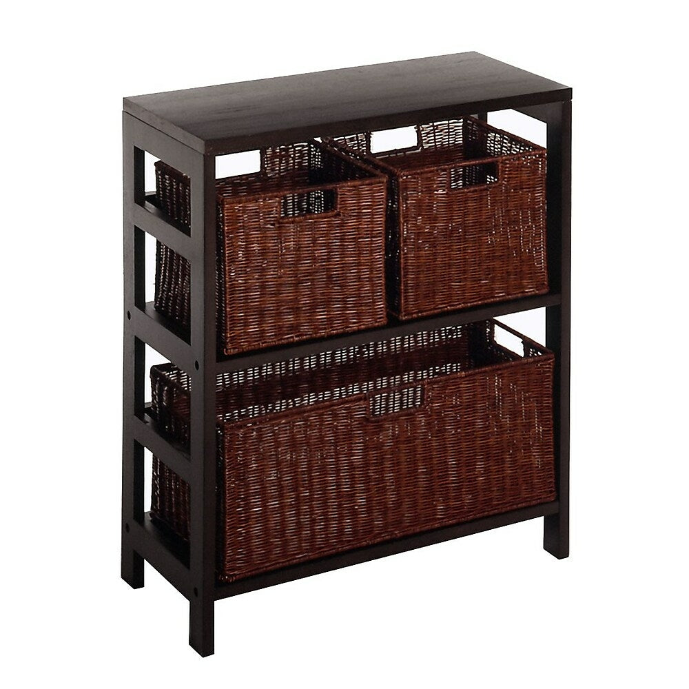 Image of Winsome Leo 4-Piece Shelf with 3 Baskets; Shelf with 1 Large and 2 Small Baskets, Espresso