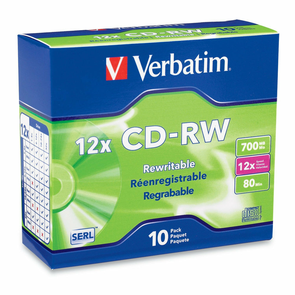 Image of Verbatim CD-RW 700MB 4X-12X High Speed with Branded Surface - 10 Pack