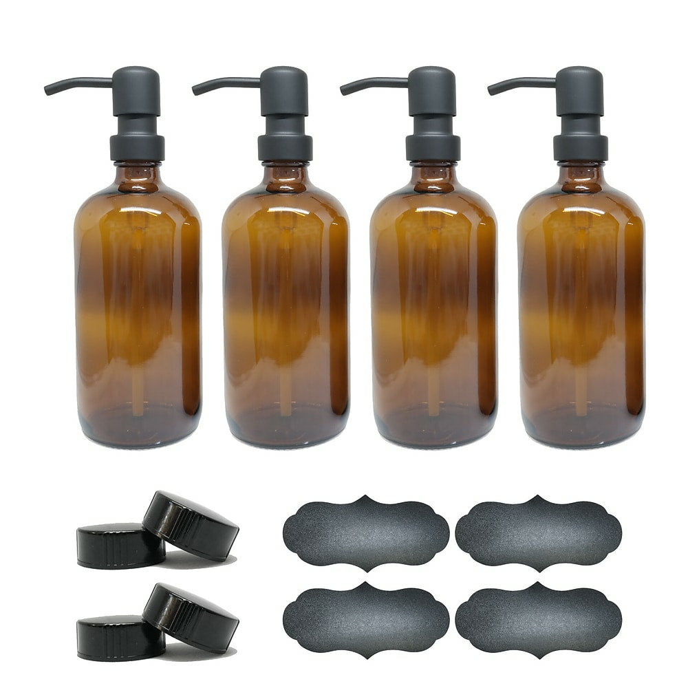 Image of Wamaco 16oz Glass Bottle Liquid Pump, Amber, 4 Pack, Brown