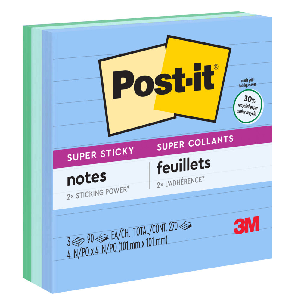 Image of Post-it Super Sticky Recycled Notes - Oasis Collection - 4" x 4" - Lined - 3 Pack, Multicolour