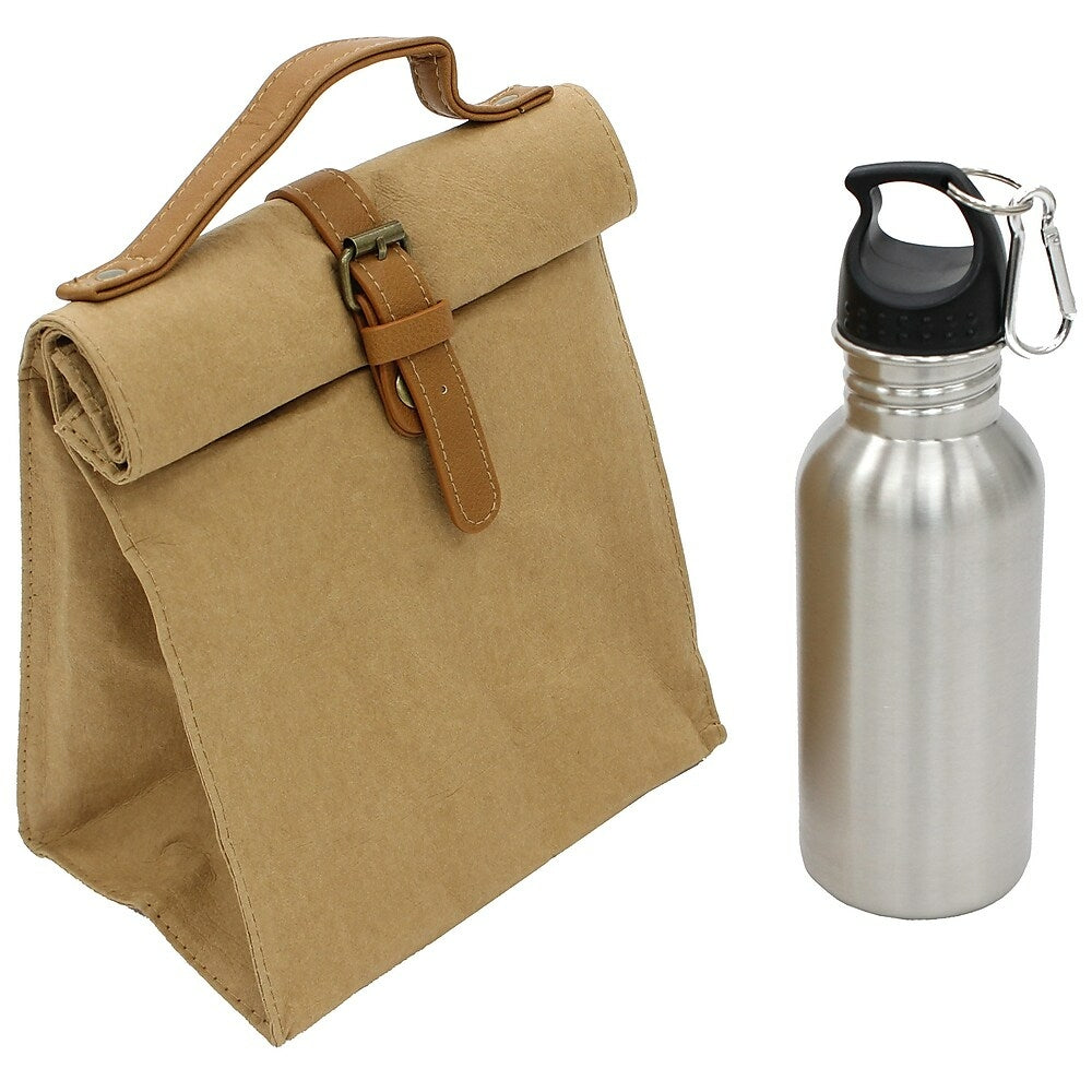Image of Cathay Importers Brown Fashionable Lunch Bag and 600ml Stainless Steel Water Bottle, 2 Pack