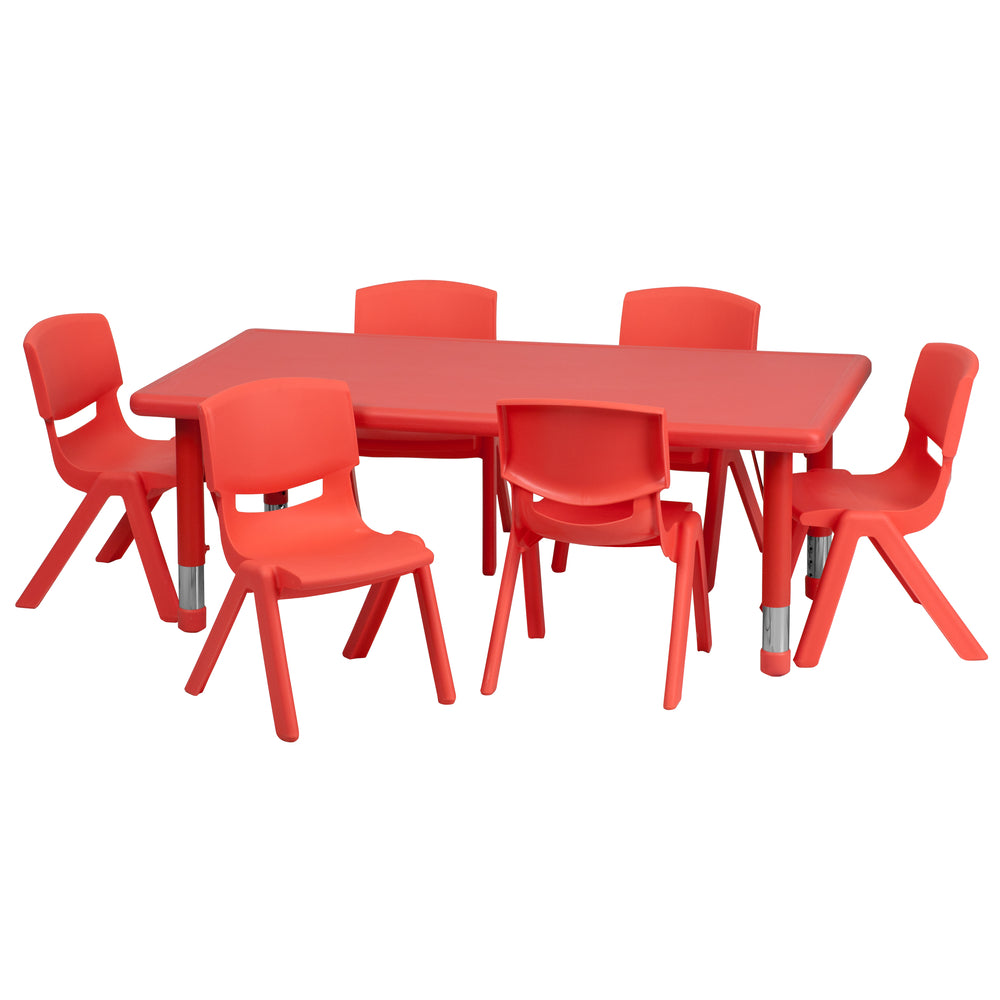 Image of Flash Furniture 24"W x 48"L Rectangular Plastic Height Adjustable Activity Table Set with 6 Chairs - Red