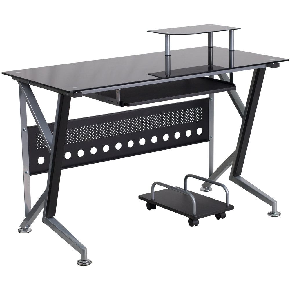Image of Flash Furniture Black Glass Computer Desk with Pull-Out Keyboard Tray & CPU Cart
