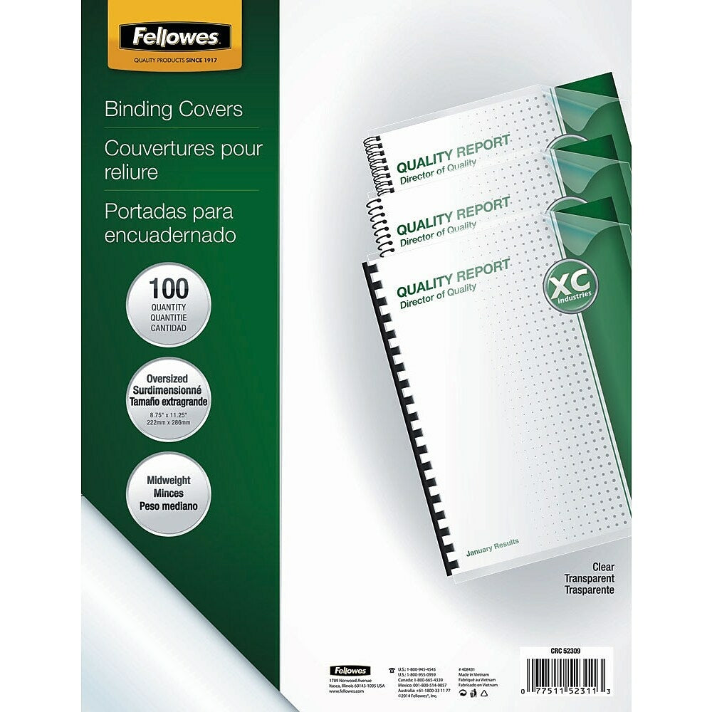 Image of Fellowes Crystals Clear Binding Oversized Covers 8-3/4" x 11-1/4" - 100 Pack